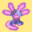 Colourful digital illustration of a cute fantasy creature with pink wings, round glasses, blue hair and a long pink tail on a yellow background.