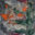 Abstract foliage painting by Lu Bassett with black outlined forms, orange flowers and green leaves on a muted background.