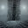 Monochromatic painting featuring a towering geometric structure rising from a maze-like ground plane beneath a hazy sky.