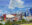 Acrylic cityscape painting depicting Calgary's Saddledome with the downtown skyline and Calgary Tower beneath a bright blue sky.