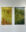 Two vertically hanging silk textiles painted in gradients of yellow, ochre, green, and blue, evoking fields of tall grasses and changing landscapes.