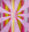 Abstract geometric painting featuring radiating triangular bands in pink, yellow, green, and silver that converge at the centre to create a vibrant starburst pattern.