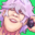 Digital portrait illustration of a smiling white-haired character with eyes closed, holding a handheld microphone against a bright green background.