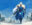 Fantasy character illustration of a white-haired elf warrior in a blue cloak carrying a long sword through a snowy landscape.