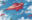 Digital concept painting of a futuristic red spacecraft flying through bright blue skies surrounded by floating flowers and clouds.