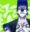 Stylized digital portrait of a blue-haired clown-inspired character with glowing yellow eyes against a bright green background.