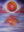 Surreal painting of two hands emerging from calm water beneath a glowing orange sun reflected across the surface.