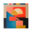 Abstract geometric painting featuring overlapping shapes in coral, blue, gold, black, and cream.