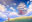 Digital fantasy illustration of a cloaked traveller standing on a grassy hillside beneath a giant flying ship drifting through bright clouds and sunlight.